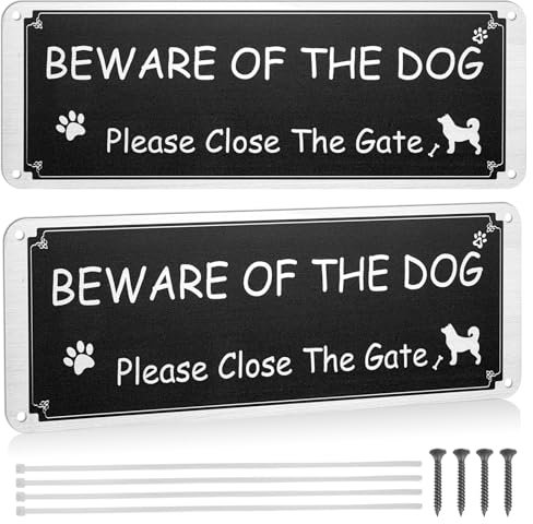 2PCS Beware of The Dog Sign, Brushed Aluminium Please Close The Gate Sign with Zip Ties Screws, Weatherproof Metal Outdoor Gate Signs Dog Warning Sign, Rustproof Dog Signs for Gates 3.5'' × 9.8''