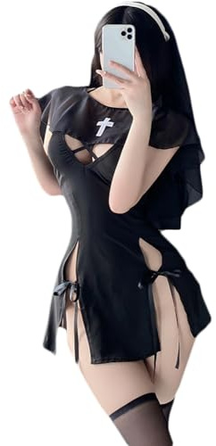 THSCWY Damen Nonne Kostüm Sexy Nonne Outfit Cosplay Nonne Dessous Anime Rollenspiel Outfit Naughty Nonne Kleid Halloween Kostüme