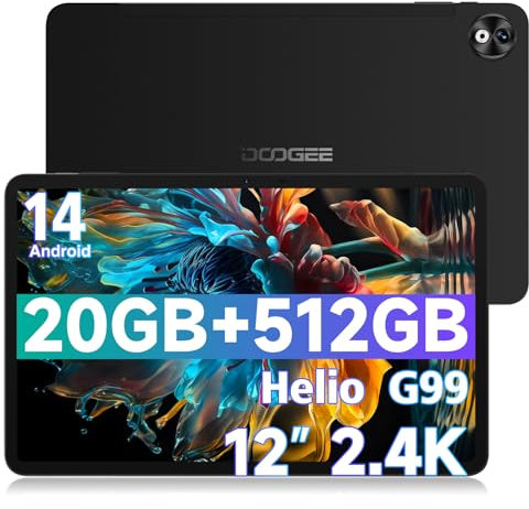 DOOGEE T40 Pro Tablet 12 Pulgadas 20GB RAM + 512GB ROM (2TB TF), 2.4K Android 14 Tablets con Helio G99 y 10800mAh Batería, Tableta 7,6 mm, 16MP+8MP, 4 Altavoces Estéreo, Dual 4G LTE Tablet PC, Negro