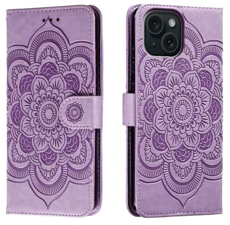 shingtomua Wallet Case for iPhone 15, Card Holder, Purple | Wallet Case with Card Holder and Stand, Magnetic Closure, Flip Folio, Soft PU Leather, Shockproof