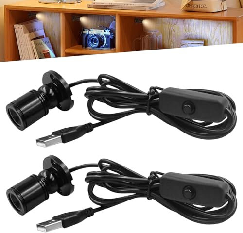 WIYETY 2 Stück Mini Spot Licht: Mini Strahler Dimmbarer mit 6.6 Fuß Langem Kabel, Kleines Akzentlicht, Warmweißes Licht 3000K, USB 5V Punktstrahler für Vitrinen, Schmuck, Schaufenstern, Modellen