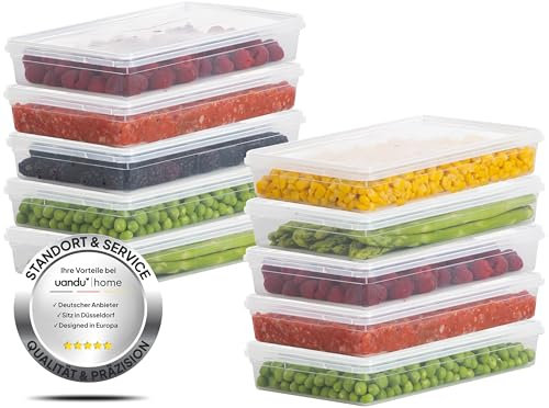uandu Gefrierbox Set, Frischhaltedosen mit Deckel, Tiefkühldosen 10er Set, Vorratsdosen für Gefrierschrank, Gefrierdosen, Vorratsdosen mit Deckel, Deli Container, Gefrierbehälter, BPA-frei -1L x 10