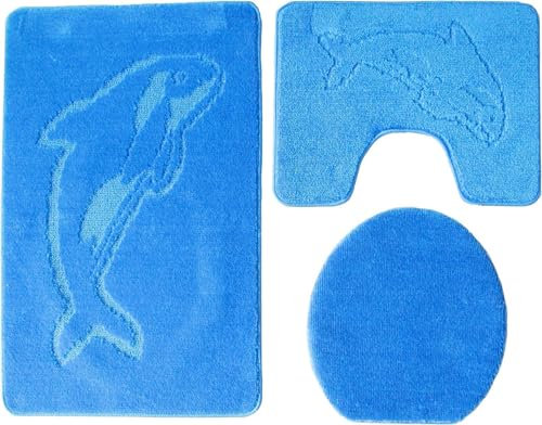 Ilkadim Export 3-teiliges Badset WC Delphin Muster einfarbig, Badteppich 55x85cm, WC-Vorleger mit Ausschnitt für Stand-WC (Blau)