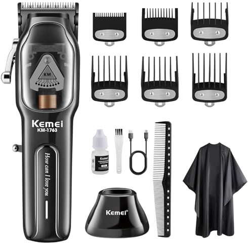 KEMEI 1763 - Cortapelos profesional para hombres, cortadora de pelo eléctrica inalámbrica, cuchillas DLC, motor turbo de 9000 rpm, recargable por USB hasta 180 minutos de uso