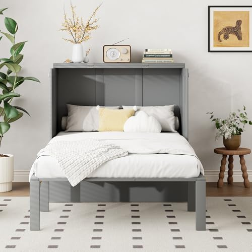 REXO Cama abatible de pared con somier de listones, armario vertical para adolescentes, color gris, 90 x 200 cm