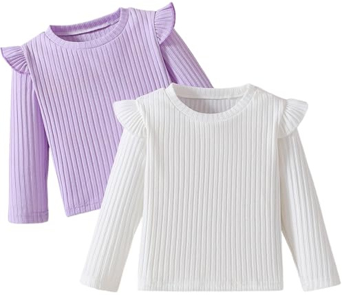 Xumplo Toddler Girl Long Sleeve Ruffle T-Shirt Children Crew Neck Ribbed Top Blouse Girls 2-Pack Tees Clothes