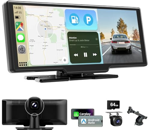 10,26 Pulgadas Pantalla Coche de Carplay Android Auto, Radio Coche Bluetooth con Dashcam 4K/Cámara Trasera HD 1080P/FM/AUX/64G TF/Mirror Link/Control por Voz/Navegación GPS