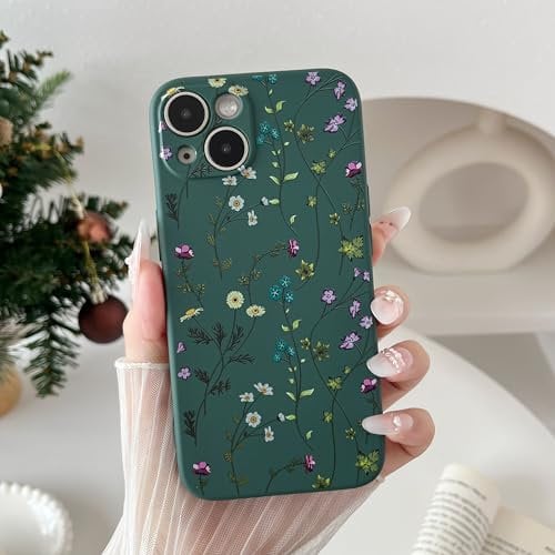 RALEAVO Blumen Handyhülle für iPhone 13 Pro Max, Hochwertiges Flüssig Silikon Stoßfeste Schutzhülle mit niedlichen Blumenmustern, Ultra Dünn mit Microfiber Matt Hülle für iPhone 13 Pro Max-Dunkel Grün