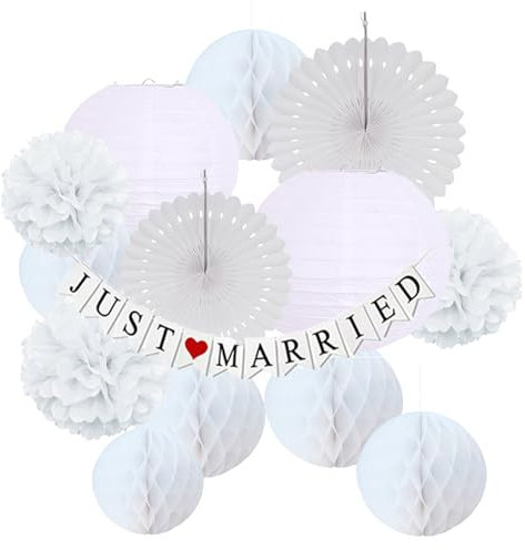 13 Stück Weiß Pompons Lampions Deko Set für Hochzeitsdeko Hochzeit Deko, Taufe Deko, Gartenparty, Kommunion Konfirmation Deko, Geburtstagsdeko, Papierblumen Seidenpapier mit Just Married Girlande