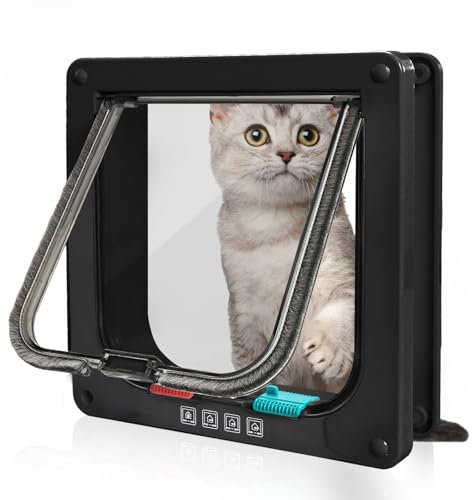 LUOJINYI Puerta para Gatos, Puerta Interior de acrílico ABS, Puerta de Seguridad para Mascotas con Cerradura de 4 vías, 23,5 x 25,5 x 5,5 cm, fácil instalación, Negro, L