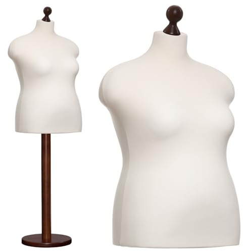 DummyDoll Schneiderpuppe weiblich Größe 48/50, Überzug Creme/Ecru, Fuß Holzteller + Holzknauf Nuss