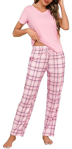 Bresdk Schlafanzug Damen Baumwolle Pyjama Set Nachtwäsche für Frauen S-3XL | Zweiteiliger Loungewear mit Kurzarmshirt und Lang Schlafanzughose, Komfort Hausanzug V-Ausschnitt, Ideal für Zuhause