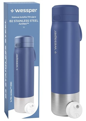Wessper Gourde en Acier avec filtre à eau 1000ml SANS BPA, bouteille thermos avec filtre à disque, idéale pour le sport, le vélo, le fitness - Bleu