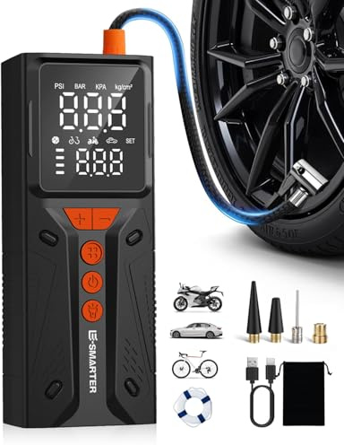 Tyre Inflator Air Compressor, 6000mAh 150 PSI Bike Pump with Overinflate Protection, Fast Inflation Portable Tyre Inflator for Car LCD Display, Air Pump for Tyres and Other Inflatables, Orange