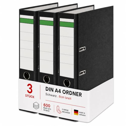 Conipa Ordner A4 Breit 8 cm, 3 Stück, Schwarz, für bis zu 600 Blatt | Robuste Aktenordner mit 2-Ring-Hebelmechanik, Griffloch und Recyclingkarton – für Büro, Schule & Homeoffice, Made in Germany