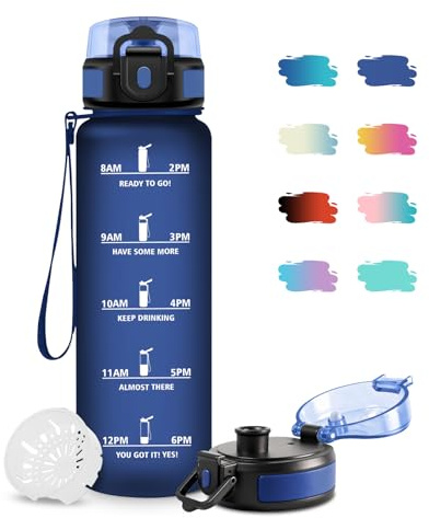 JAPORIA Trinkflasche 1L, BPA-frei, Trinkflasche mit Filter, Auslaufsicher, Wasserflasche mit Zeitmarkierung, Sportflasche für Fitness, Fahrrad, Büro, Outdoor, Yoga, Erwachsene, Schule
