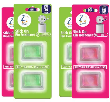 Stick On Bin Freshener Mixed Scents Pack of 4 | 2 Berry Blast, 2 Citronella and Lemongrass, Kitchen Bin Deodoriser Stickers, for Odour Control