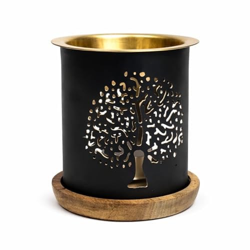 Aromalampe Baum des Lebens Metall mit Holzuntersetzer 9 x 8,5 cm | Für Duftöle, ätherische Öle und Weihrauch geeignet, Teelichtbetrieb, Dekorativer Holzuntersetzer, Ca. 125 g