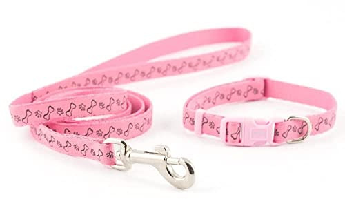 Ancol Small Bite Refl Paw&Bone Collar( adjusts 20-30cm) & Lead ( 1m x 10mm) Set Pink