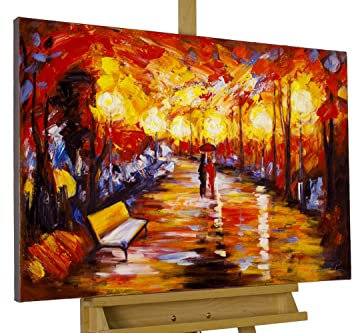KunstLoft Leinwandbild | 100% HANDGEMALT | 90x60cm | Gemälde 'Laternenschein der Parkallee' | Liebespaar | Rot | Wandbild Wohnzimmer