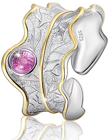 Springlight ✦ Muttertagsgeschenke für Mama Ringe Frauen S925 Sterling Silber Breit Ring Damen Blätter Ring Grüner Stein/Bernstein Groß Naturstein Ring Handmade Schmuck Geschenke für Frauen.(Pink)