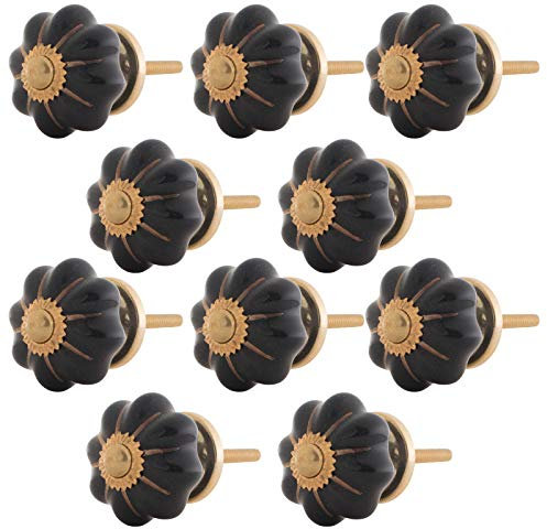 Knober Möbelknopf Kürbisform klein Keramik Porzellan Vintage Landhausstil Shabby-Chic 34 Ø klassisch edel verziert (Schwarz mit goldener Montur)