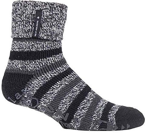 HEAT HOLDERS - Mens Turnover Warm Thermal Fleece Lined Bed Socks with Non Slip Rubber Grips (6-11 UK, Black (Whittaker))