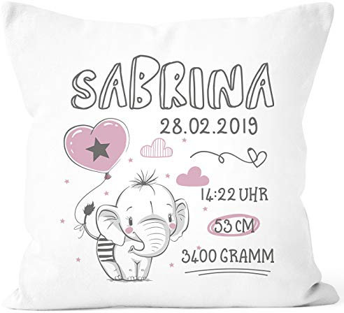 SpecialMe® personalisierbares Kissen zur Geburt Elefant Geburtskissen Geschenk Geburt Mädchen Kissenbezug ohne Füllung weiß Unisize