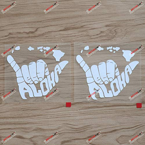 2X Weiß 12,7 cm Aloha Shaka-Hand „Hang Loose“ Hawaii-Karte Aufkleber, Auto-Vinyl, ohne Hintergrund