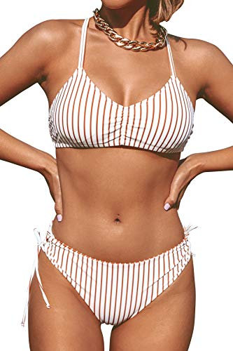 CUPSHE Damen Bikini Set mit Geflochtenen Trägern Streifen Bademode Reversible Bikinihose Zweiteiliger Badeanzug Braun M