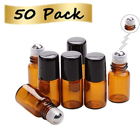 Peiylism 50 pcs 2mL Empty Amber Mini Glass Roll on Perfume Bottle Refillable Stainless Steel Roller Ball Essential Oil Liquid Bottle with Black Caps Mini Sample vials Cosmetics Small Bottles
