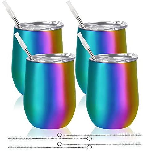 Lot de 4 verres à vin sans pied en acier inoxydable arc-en-ciel avec couvercles et pailles, 340,2 g, double paroi isolés sous vide, lot de 4 tasses pour café, vin, boissons, crème glacée