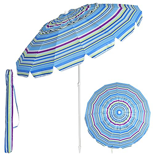 RELAX4LIFE Parasol de Plage Inclinable avec Mât Démontable et Pieds à Vrille, Parapluie de Soleil à 16 Baleines Résistant en Fibre de Verre, Lucarne pour Plage, Jardin, Patio (Ø245 x H245 cm, Bleu)