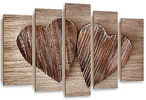 Feeby Dekobild 5 Paneele 200x100 cm Herz Liebe Holz Wanddekoration Kunstdruck Zimmerdeko Bilderwand Rustikal Retro Vintage Braun