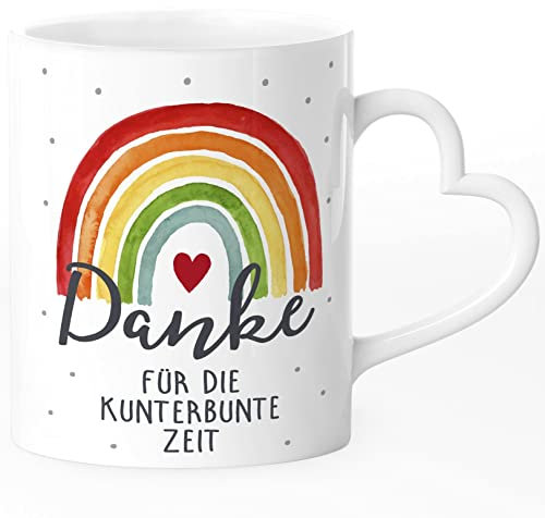 SpecialMe® Tasse mit Herzhenkel Danke für die kunterbunte Zeit Regenbogen kleines Geschenk Abschied Erzieherin Kunterbunte Zeit weiß - Herz standard