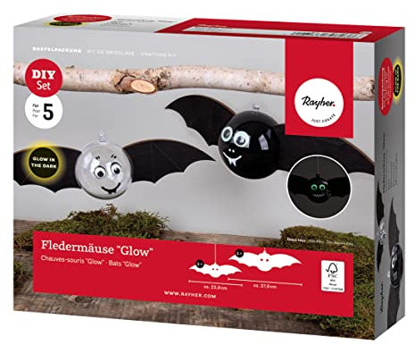 Rayher DIY Bastelpackung Fledermäuse, Set 5 Fledermäuse, verschiedene Größen, 2x Flügelbreite 27,6 cm, 3x Flügelbreite 23,9 cm, Dekoration Halloween, 70055000