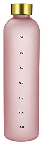 Dasertoe de agua transparente con tapa de cobre de gran capacidad, botella de agua con marca de tiempo, 1000 ml, color rosa