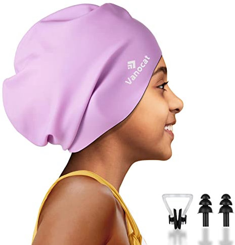 Vanocat Extra Große Badekappe Kinder Lange Haare, wasserdichte Badekappe Mädchen Jungen, Bademütze Schwimmkappe Kinder für Langes, Dickes, Lockiges Haare und Dreadlocks-Zöpfe, Webt Afro-Haar(Violett)