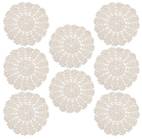GLOBLELAND 8 pz di Tovaglietta All'Americana In Cotone Intrecciato Lavabile All'Uncinetto con Fiori Sottobicchiere In Seta di Mais Tovagliette Rotonde In Pizzo Vintage Beige Tovagliette In Macramè