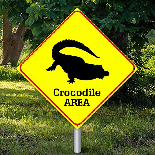 Yelolyio Krokodilbereich Wandkunst Dekor Metallschild Warnschild Vorsicht Krokodil Retro Vintage Blechschild Lustige Aluminiumschilder 38,1 x 38,1 cm Geschenkschild für Garten Straße