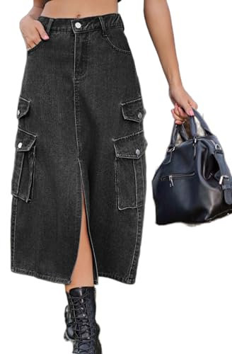 Atditama Damen Twill Baumwolle Multi-Pocket Cargo Rock High Rise Elastische Taille Lange Jeansrock mit Taschen, 029 Denim Black, 50