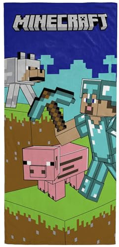 Jay Franco Minecraft Kinder-Badetuch, Pool-/Strandtuch, super weich und saugfähig, 100 % Baumwolle, Maße: 71 x 147 cm