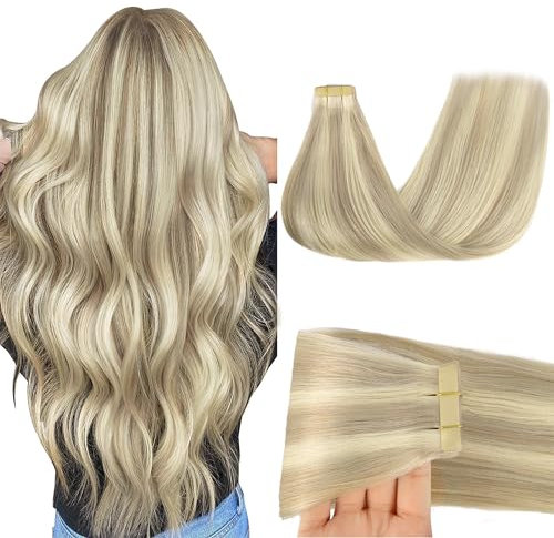 GOO GOO Tape in Extensions Echthaar, Tape Extensions Echthaar, 60cm 50g 20pcs, Extensions Echthaar, Haarverlängerung Echthaar, 17A/60A Aschblond