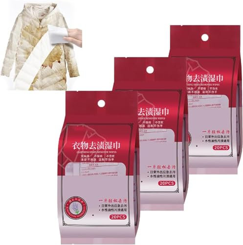 Clothing Stain Removal Wet Wipes, Individual Wrapped Cleaning Wipes, Down Jacket Stain Removal Wipes,Clothing Stain Removal Wipes,Portable Stain Treater Towelettes (3Pcs)
