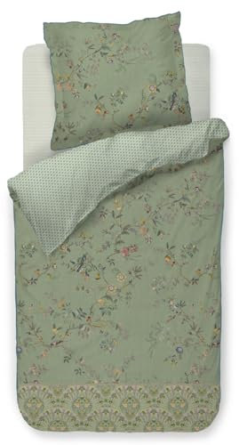PiP Studio Bettwäsche Amor De Dios Green Perkal Blumen Pflanzen Vögel Streifen Ornamente, Größe:135 cm x 200 cm