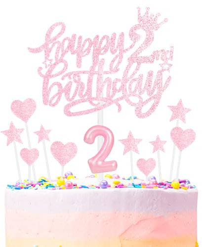 Happy 2nd Birthday Candles Cake Toppers Set, Number 2 Candles for Cake, Birthday Party Candles, Light Pink Birthday Cake Candles Heart Star Cupcake Toppers for Girls Women Birthday Cake Decorations