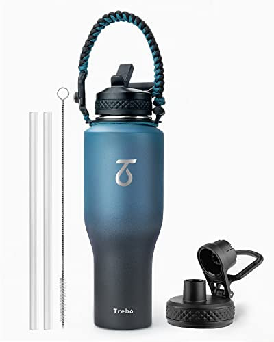 Thermobecher mit StrohhalmEdelstahl, Trebo Thermobecher 1l Kaffeebecher to go 40oz mit Strohhalm Tragbare Autobecher Becher Tumbler Kaffeetasse für Heißer und Kalter, Indigo