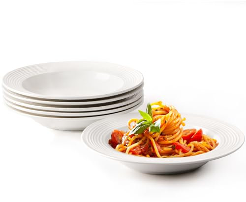 NUTRIUPS 22cm Assiettes à Pâtes Lot de 6, 250ml-8oz Assiette Creuse, 8.5'' Assiettes à Soupe en Porcelaine à Rebord, Convient à Micro-ondes et Lave-vaisselle