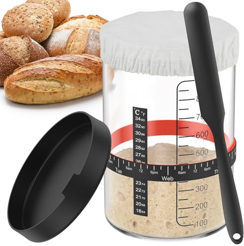 Foribyw Minimalist 5Pcs Sourdough Starter Kit, 1000ml Glass Round Jar, Aluminium Lid, Spatula, Cloth Cap, Elastic Band, Temperature Paper, Reusable Wide Mouth Sourdough Fermentation Jar for Baking