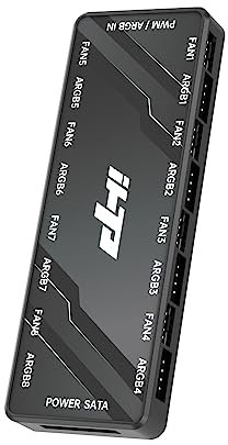 iHTP Fan Hub/Splitter Controller 12V 4Pin PWM & 5V 3Pin ARGB 2-in-1 Total 16 Ports, SATA Power, Hidden Magnetic Base(Black)